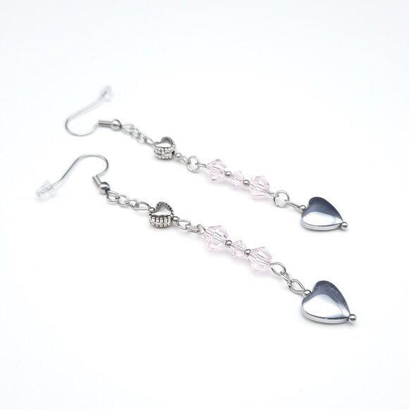 Handmade Jewelry - Hematite Heart Love Silver Pink Dangle Drop Earrings Handmade Jewelry